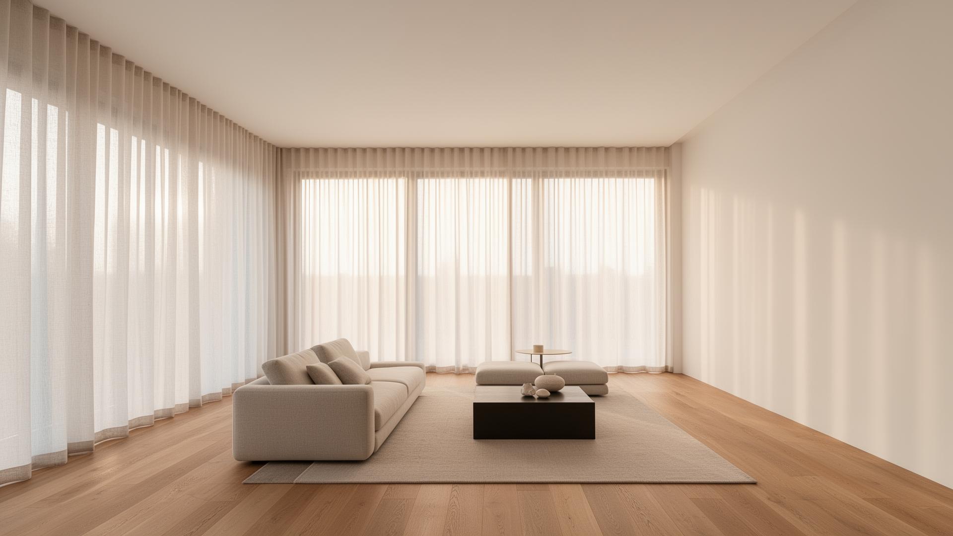 Interior with sheer linen curtains in soft morning light