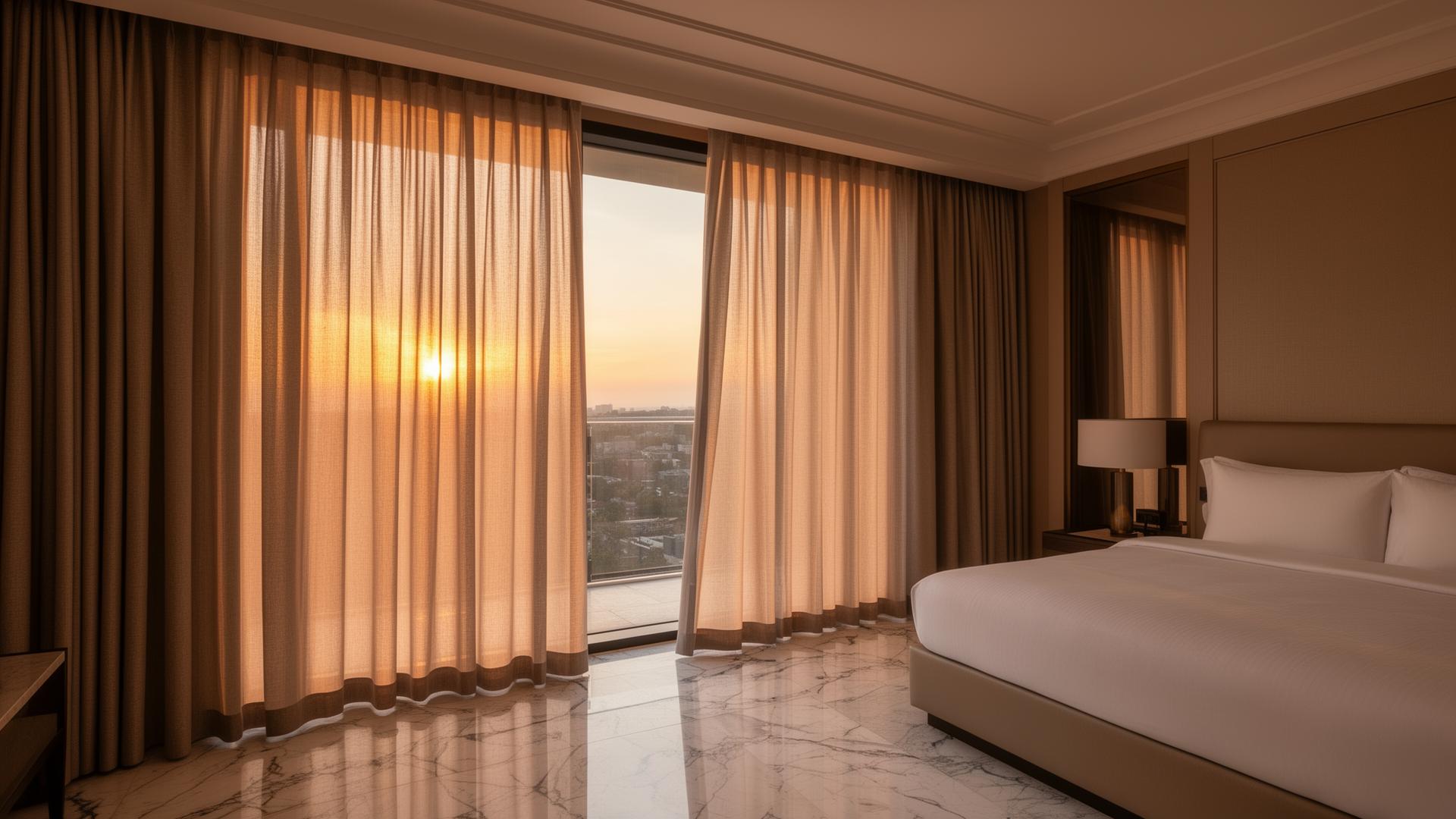 Luxury suite with sheer linen curtains at sunset